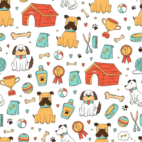 Hayvan dükkanı, barınak, karalama, karikatür unsurları olan şirin köpekler duvar kağıdı, tekstil baskıları, ambalaj kağıdı, ambalaj, vb. EPS 10