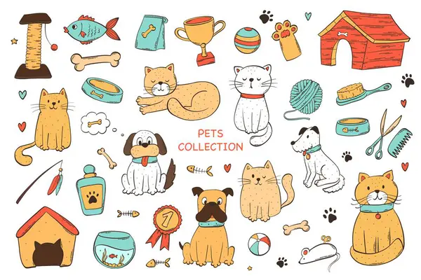 Conjunto Mascotas Garabatos Tienda Mascotas Elementos Dibujos Animados Clip Art — Archivo Imágenes Vectoriales