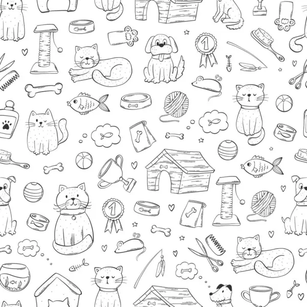 Pet Shop Doodles Κατοικίδια Ζώα Παιχνίδια Χωρίς Ραφή Μοτίβο Στοιχεία — Διανυσματικό Αρχείο