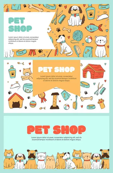 Conjunto Banners Horizontais Pet Shop Com Espaço Cópia Doodles Para —  Vetores de Stock