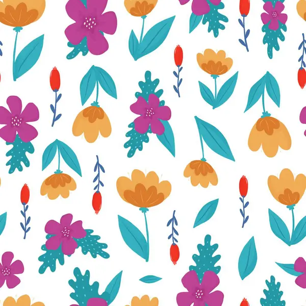 El çizimi çiçekler, böğürtlenler ve yapraklarla soyut, dikişsiz desen. Duvar kâğıdı, tekstil baskıları, giyim dekoru, ambalaj kağıdı, kırtasiye, vs. EPS 10