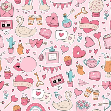 Duvar kâğıdı, ambalaj, tekstil baskıları, ambalaj kâğıdı, yapıştırma kitabı vs. için pembe arka planda karalamalar olan Sevgililer Günü 'nün kusursuz desenleri. EPS 10