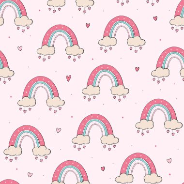 Sevgililer Günü 'nde kalpler ve gökkuşakları, bebek odası baskısı, duvar kağıdı, hatıra defteri, tekstil, durağanlık, ambalaj kağıdı. EPS 10