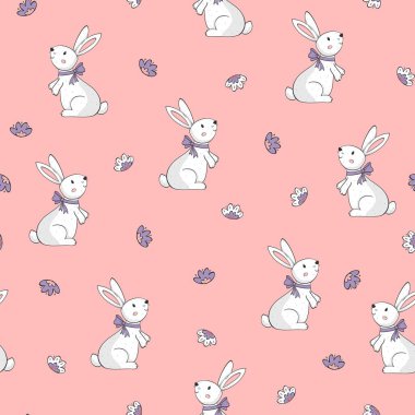 Paskalya tavşanları, şirin el çizimi tavşanlar ve pembe arka planda tekstil pritnleri, bebek odası, duvar kâğıdı, hatıra defteri, ambalaj kağıdı vs. için çiçekler. EPS 10