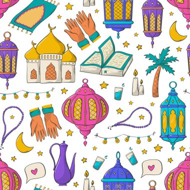 Renkli karalamalı Ramazan deseni, duvar kâğıdı için karikatür nesneleri, hatıra defteri, paketleme, tekstil baskıları, ambalaj kağıdı, arka plan vs. EPS 10