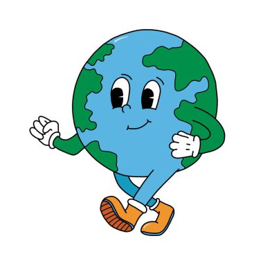 Planet Earth retro çizgi film karakteri, çevre günü maskotu, sıfır atık, ekolojik sürdürülebilirlik posterleri, çıkartmalar, baskılar, kartlar, afişler, vs. EPS 10