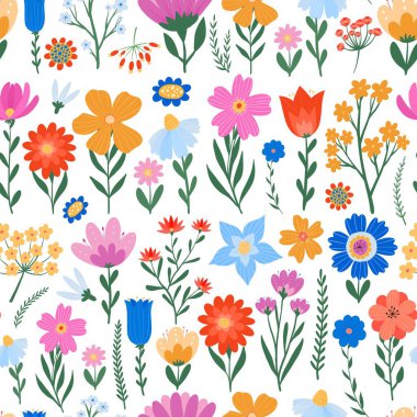 Bahar çiçekleri, el çizimi kır çiçekleri ve tekstil baskıları için dallar, ambalaj kağıtları, hatıra defterleri, duvar kağıtları, sabit kağıtlar. EPS 10