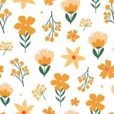 Bahar sarısı yaban çiçekleri pürüzsüz desen, duvar kâğıdı, tekstil baskıları, durağan, ambalaj kağıdı, vs. için çiçekli tekrar yüzey baskısı. EPS 10