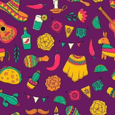 Karalamalı Cinco de Mayo deseni, duvar kağıdı, arkaplan, tekstil baskısı, ambalaj kağıdı, vb. EPS 10
