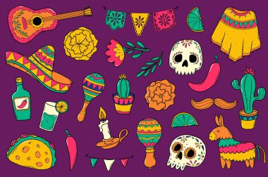 Cinco de mayonez karalamaları, karikatür öğeleri, kartlar için çıkartma koleksiyonu, baskılar, kıyafet dekoru, durağanlık, hatıra defteri, vs. EPS 10