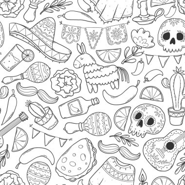 Cinco de Mayo tek renkli desenli karalamalar, renkli sayfalar, duvar kağıtları, arka planlar, ambalaj kağıtları, tekstil baskıları vb. EPS 10