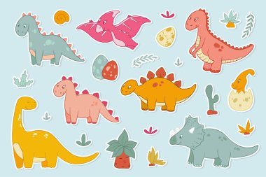 Dinazorların çıkartmaları, klip sanatı, çocuk dekoru için karikatür unsurları, kıyafet baskıları, kırtasiye kağıtları, posterler, bebek partisi davetiyeleri, vs. EPS 10