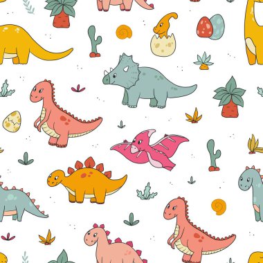 Dinozorlar çocuk izlerinde, duvar kağıdında, ambalaj kağıdında, arka planda, yapıştırma defterinde, durağanlıkta, vb. EPS 10