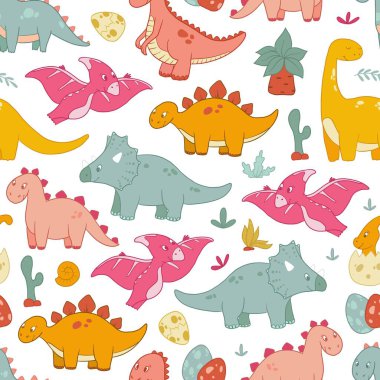 Dinozor dekoru için kusursuz desenler, şirin el yapımı dinozorlar ve bitkilerle bebek tekstil izleri. Duvar kâğıdı, hatıra defteri, ambalaj kağıdı vs. için iyi. EPS 10