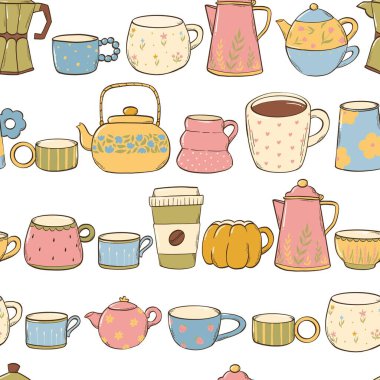 Kahve fincanları, fincanlar ve su ısıtıcısı desenleri. Wallapper için elle çizilmiş karalamalar, mutfak tekstil baskıları, ambalaj kağıdı, hatıra defteri, arka plan vs. EPS 10