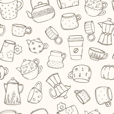 Elle çizilmiş kupalar ve çaydanlıklar arka planlar için dikişsiz desen, mutfak tekstil baskıları, duvar kağıdı, ambalaj kağıdı, koli defteri, ambalaj vs. EPS 10