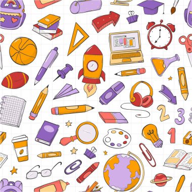 Okul, karalamalı kusursuz eğitim, baskılar için karikatür unsurları, duvar kağıdı, arka plan, hatıra defteri, durağan, vs. EPS 10