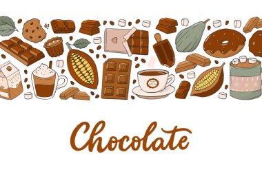 Çikolata pankartı, karalamalardan ve harf alıntılarından oluşan yatay kenarlarla süslenmiş. Posterler, baskılar, kartlar, şablonlar için iyi. EPS 10