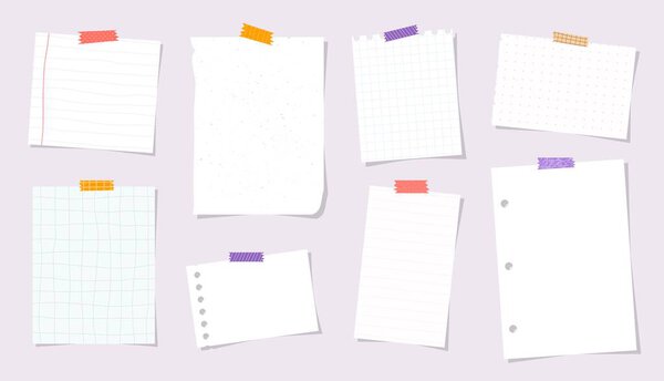 notes collection, set of empty note paper sheets with sticky tapes. Scrapbooking, print, template, planner design. EPS 10