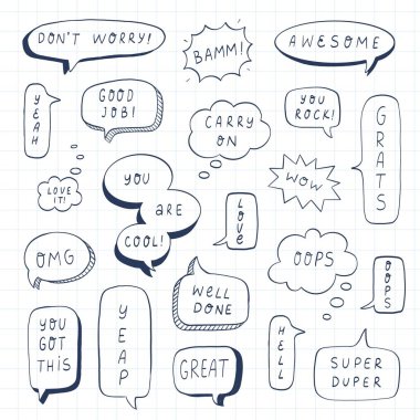 Konuşma baloncukları el çizimi karalama koleksiyonu sabit, baskılar, kartlar, çıkartmalar, planlamacılar, organizatörler vs. için. EPS 10