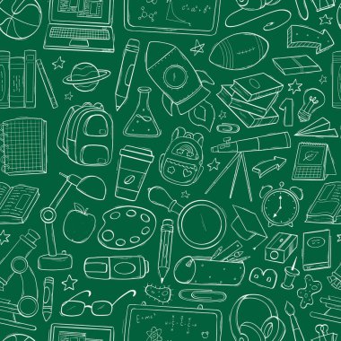 Okula geri dönüş, el çizimleri ile kusursuz eğitim düzeni, duvar kağıdı, ambalaj kağıdı, tekstil baskıları vs. için yeşil karton zeminde çizgi film elemanları. EPS 10