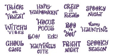 Cadılar Bayramı harfleri beyaz arka planda parmak izleri, kartlar, çıkartmalar, posterler, giyim dekorları, davetiyeler, afişler, el sanatları projeleri için izole edildi. EPS 10