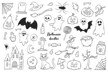 Cadılar Bayramı siyah ve beyaz karalama koleksiyonu beyaz zemin üzerine izole edilmiş renkli sayfalar, baskılar, kartlar ve afişler, çıkartmalar, süblimleşme, vb. EPS 10