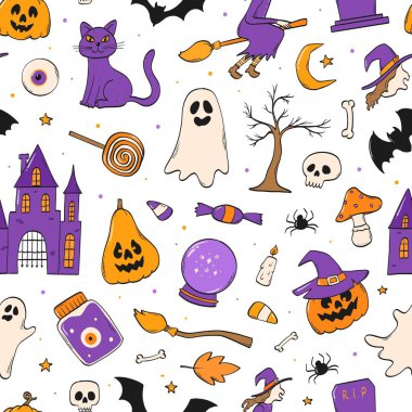 Beyaz arka planda karalamalar olan kusursuz bir Cadılar Bayramı deseni. Şirin tekstil baskısı, duvar kağıdı, dijital arkaplan, durağan, ambalaj kağıdı, vs. EPS 10