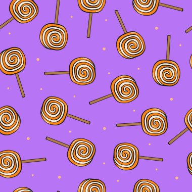 Cadılar Bayramı şekeri lolipopları duvar kâğıdı, ambalaj kağıdı, hatıra defteri, durağan vb. için pürüzsüz mor desensiz arkaplan. EPS 10