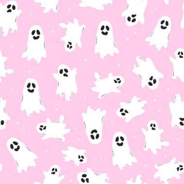 Duvar kağıtları, tekstil baskıları, dijital kağıtlar, ambalaj kağıtları vs. için pembe arka planda uçan şirin hayaletler olan kusursuz Cadılar Bayramı deseni. EPS 10