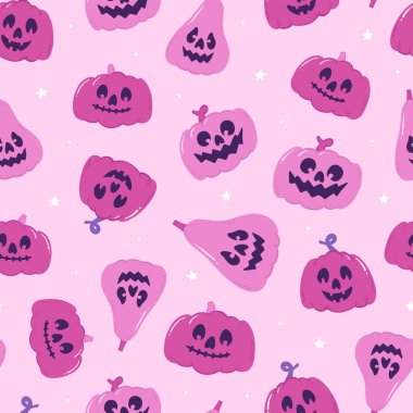 Çocuk kıyafetleri, tekstil baskıları, DIY projeleri, duvar kağıtları, ambalaj kağıtları, dijital arka planlar vb. için pembe arka planda balkabağı desenli şirin Cadılar Bayramı desenleri. EPS 10