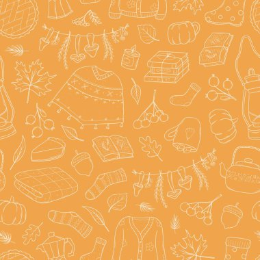 Duvar kâğıdı, arkaplan, dijital kağıt, yapıştırma kitabı, kapak, tekstil baskıları gibi turuncu arka planda karalamalar içeren sonbahar monokrom deseni. EPS 10