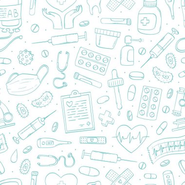 Beyaz arka planda karalamalar olan kusursuz tıbbi desenler. Sağlık hizmeti teması, dünya sağlık geçmişi, duvar kağıdı, ambalaj kağıdı, boyama sayfası, tekstil baskısı, vs. EPS 10