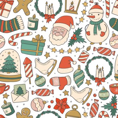 Duvar kağıtları, ambalaj kağıtları, yapıştırma defterleri, durağanlık, arka plan, dijital kağıt, tekstil baskıları vs. için karalamalı Noel deseni. EPS 10
