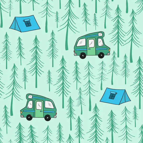 Tekstil baskıları, duvar kâğıtları, hatıra defterleri, duvar kağıtları, duvar kağıtları, ambalaj kağıtları vs. için el yapımı ağaçlar, karavanlar ve çadırlarla kusursuz bir düzen. EPS 10