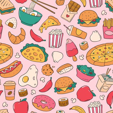 Fast food duvar kağıdı, yapıştırma kitabı, kırtasiye, ambalaj kağıdı, tekstil baskısı, ambalaj vs. için kusursuz desenler çizer. EPS 10