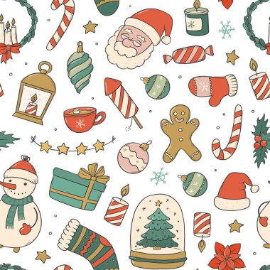 Bebek odası dekorasyonu, mutfak eşyaları, masa örtüsü, duvar kağıdı, ambalaj kağıdı, hediye paketi, planlamacılar, dijital kağıt vs. için sevimli karalamalarla Noel desenleri. EPS 10