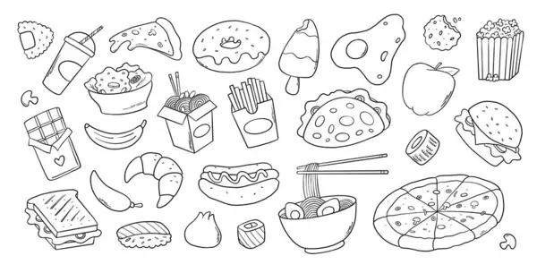 Fast food, abur cubur karikatür öğeleri, afişler, baskılar, sosyal medya dekoru, menü, çıkartmalar, boyama sayfaları vs. için karalama koleksiyonu. EPS 10