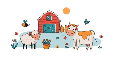 Çiftlik evi betimlemesi, çiftlik hayvanlarının ahır karalamaları, şirin inek ve koyun çizimleri, poster, baskı, kart, çıkartma, ürün ambalaj dekoru, afiş, vb. EPS 10