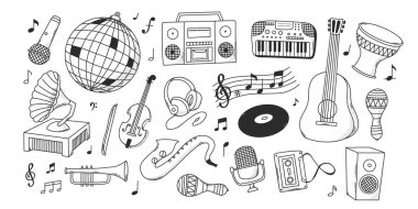 Renkli sayfalar, çıkartmalar, baskılar, duvar kağıtları, afişler, kartlar, planlamacılar için müzik siyah beyaz karalama koleksiyonu. EPS 10