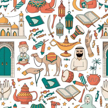 Ramazan, İslami tatil geçmişleri, duvar kağıtları, ambalaj kağıtları, hatıra defteri, kırtasiye malzemeleri, tekstil baskıları, dijital kağıt, çocuk odası dekoru, EPS 10 için kusursuz desenler çizer.