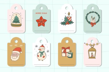 Noel hediyesi etiketleri, elle çizilmiş karalamalarla süslenmiş. Çıkartmalar, baskılar, kartlar, tabelalar vs. için iyidir. EPS 10