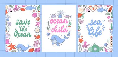 Deniz hayatı çocuk odası kartları, baskılar, afişler, afişler, karalamalar ve alıntılarla dolu şablonlar. Doğum günü ve bebek için güzel bir duş dekoru. Okyanus, su altı, deniz teması. EPS 10