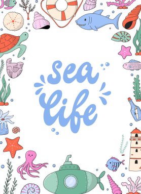 Deniz hayatı posterler, kartlar, afişler, şablonlar, davetiyeler, çocuk odası dekorları vs. için karalamalar ve harfler çizer. Okyanus temalı. EPS 10