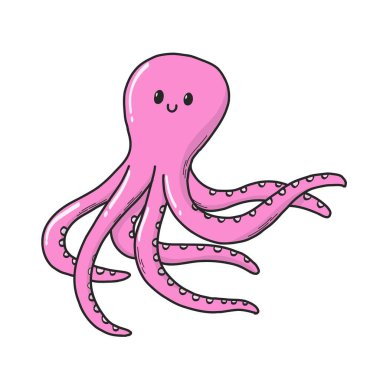 Şirin pembe kawaii ahtapot çizimi, baskılar, çıkartmalar, kartlar, posterler, afişler, davetiye dekorları. Çocuk odası dekoru, deniz ve okyanus teması. EPS 10