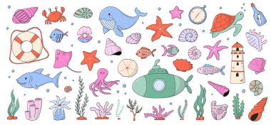 Deniz hayvanlarının karalamaları, deniz yosunu, denizaltı, deniz feneri, deniz kabuğu vb. Posterler, baskılar, kartlar, çıkartmalar, afişler, giysiler vs. için iyidir. EPS 10