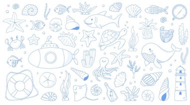 Deniz ve okyanus monokrom karalama koleksiyonu baskılar, boyama sayfaları, çıkartmalar, afişler, pankartlar, kartlar, posterler için. EPS 10