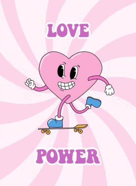 Groovy Valentine's day greeting card, poster, print, banner, invitation, wallppaer decorated with retro cartoon heart and quote on pink background. EPS 10 clipart