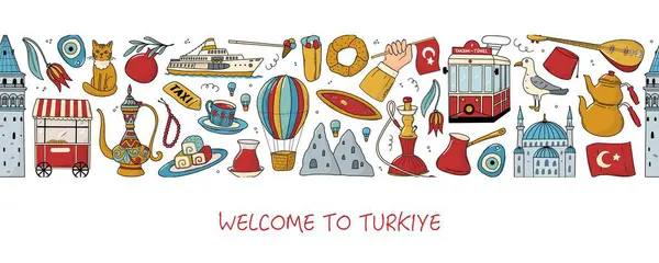 Paketleme, baskılar, sosyal medya kapakları, pankartlar, pankartlar, şablonlar vs. için tekrarlanan karalama tasarımı içeren Türkiye yatay afişine hoş geldiniz. EPS 10