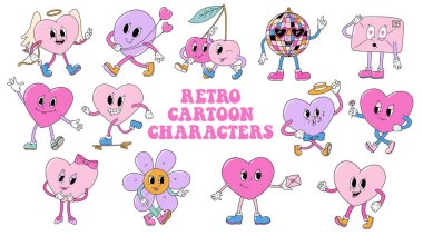 Sevgililer Günü çıkartmaları, klipsleri, baskılar, kartlar, poster tasarımları için Retro çizgi film karakterleri koleksiyonu. EPS 10